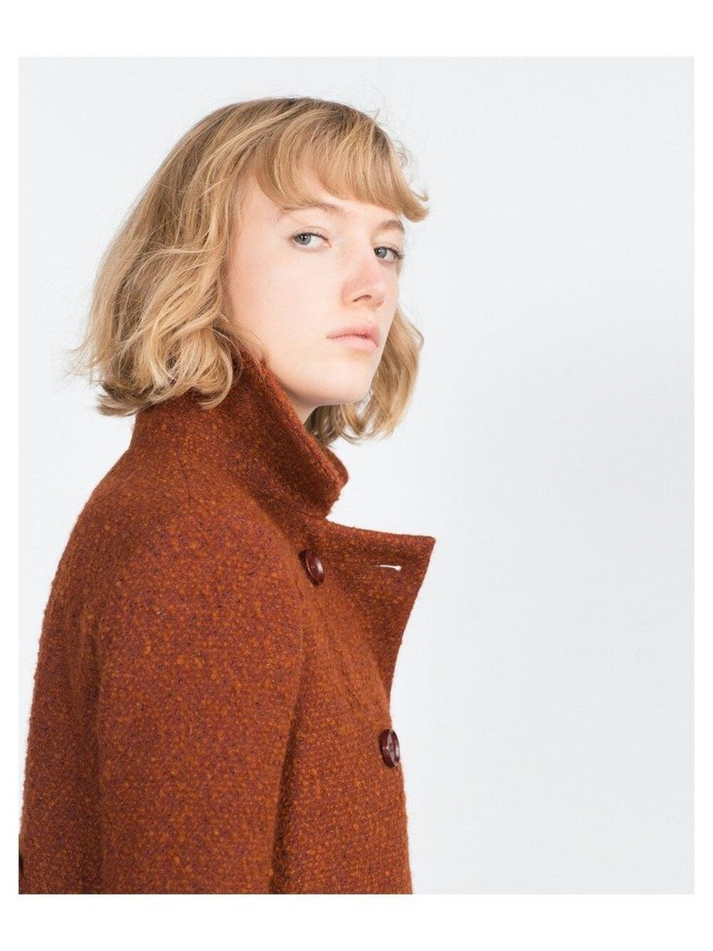Zara Outerwear Brown Double Breasted Boucle Coat Pockets Size L Jacket Peacoat - Picture 8 of 16